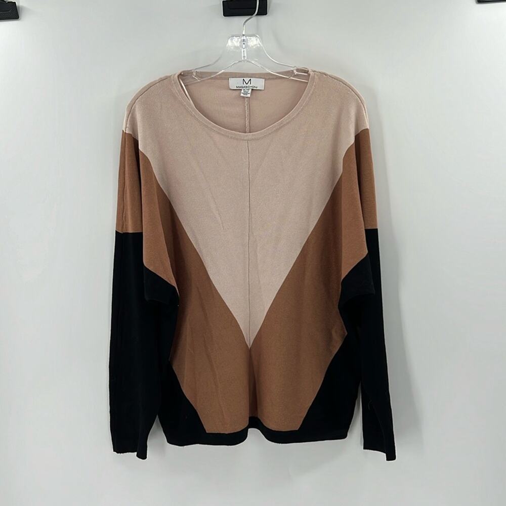 Magaschoni Women's Colorblocked Knit Sweater - Cream/Tan/Black - XL